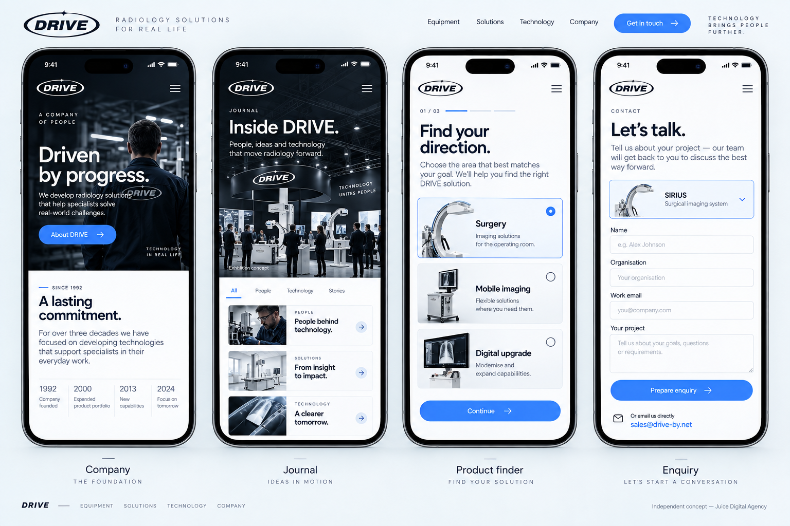 Four mobile mockups showing company, journal, product finder and enquiry screens