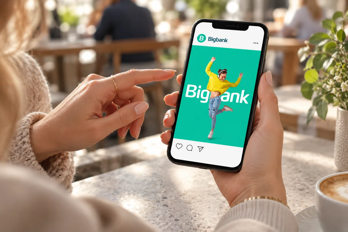 Bigbank social media concept on a phone screen viewed by two visitors in a cafe