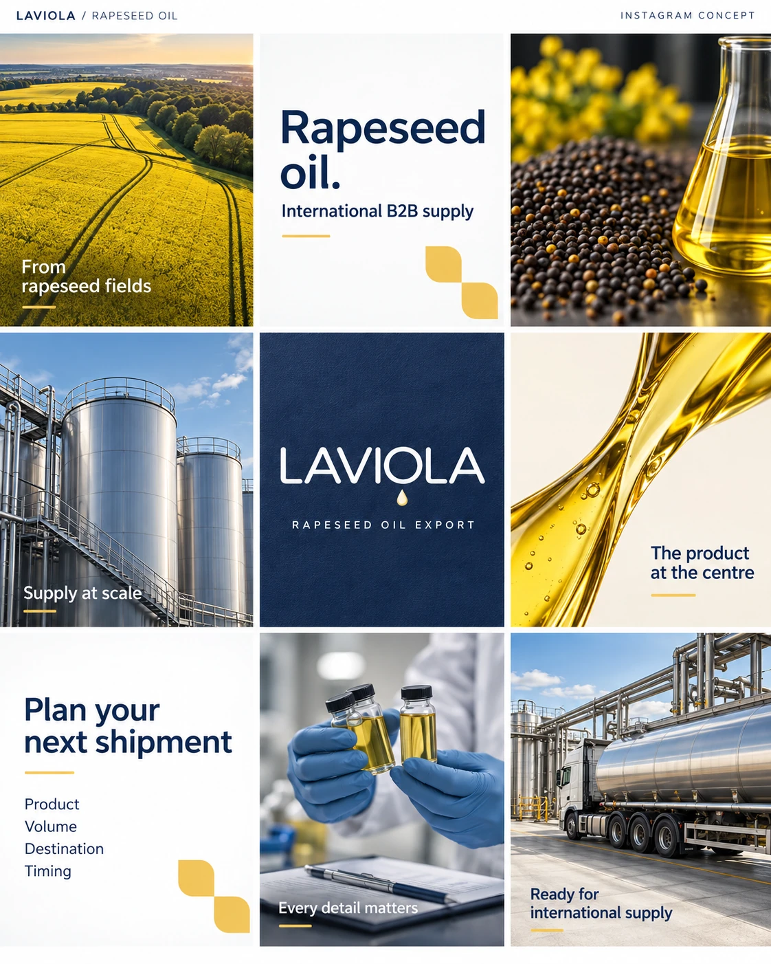Laviola Instagram concept for wholesale rapeseed oil supply featuring fields, product samples and logistics.