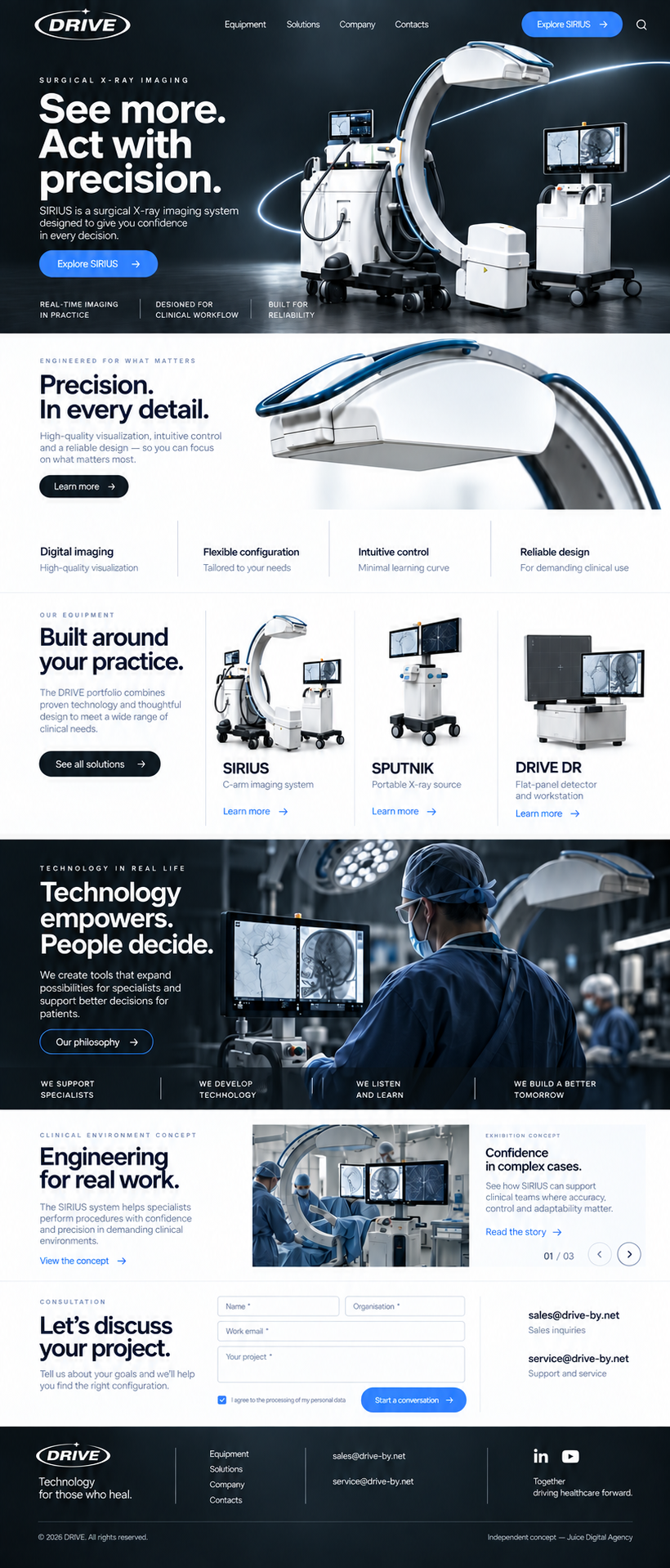 English DRIVE homepage design with dark product scenes, white information sections and a contact form