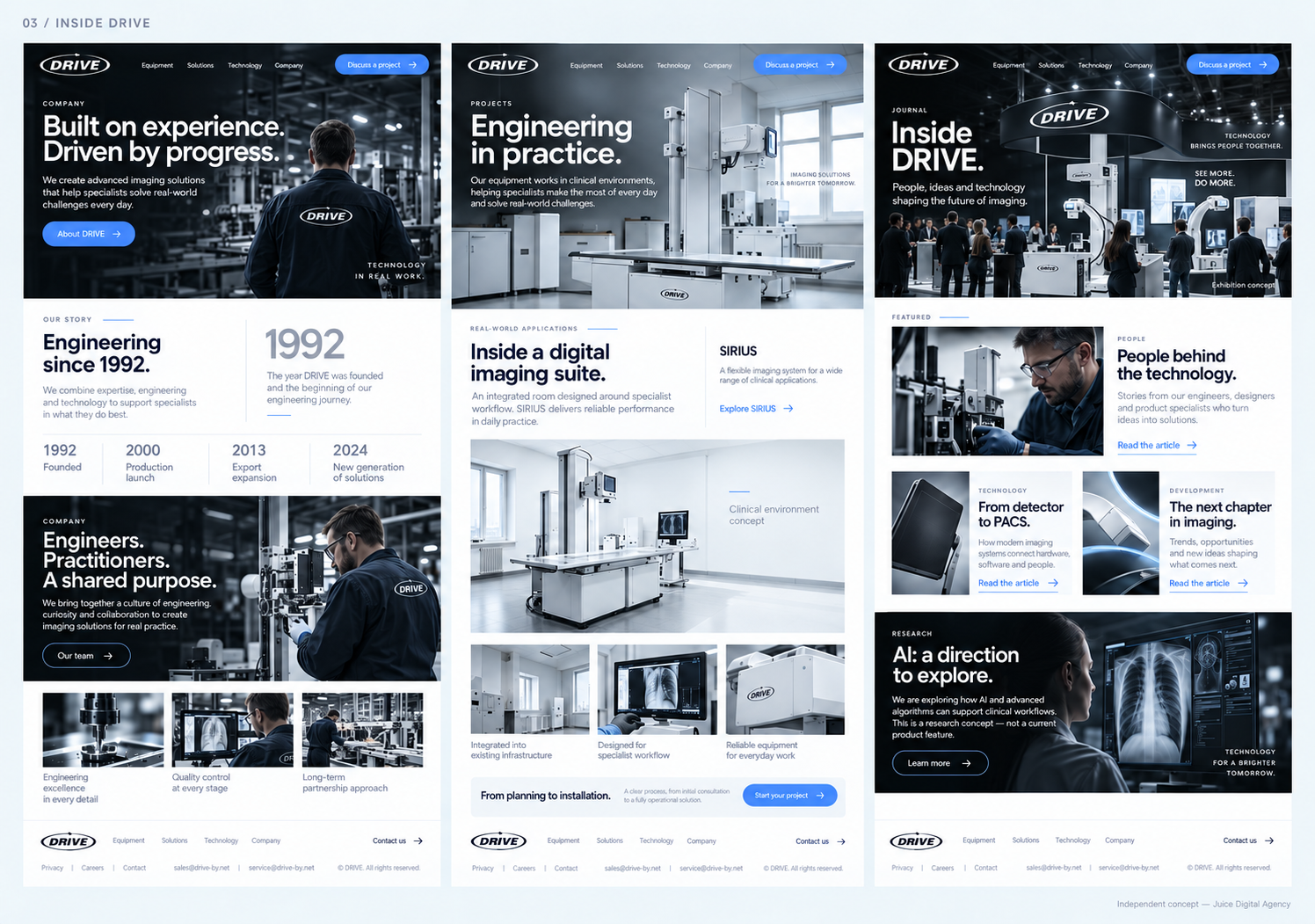 Three English page concepts with engineering, clinical and exhibition visualisations