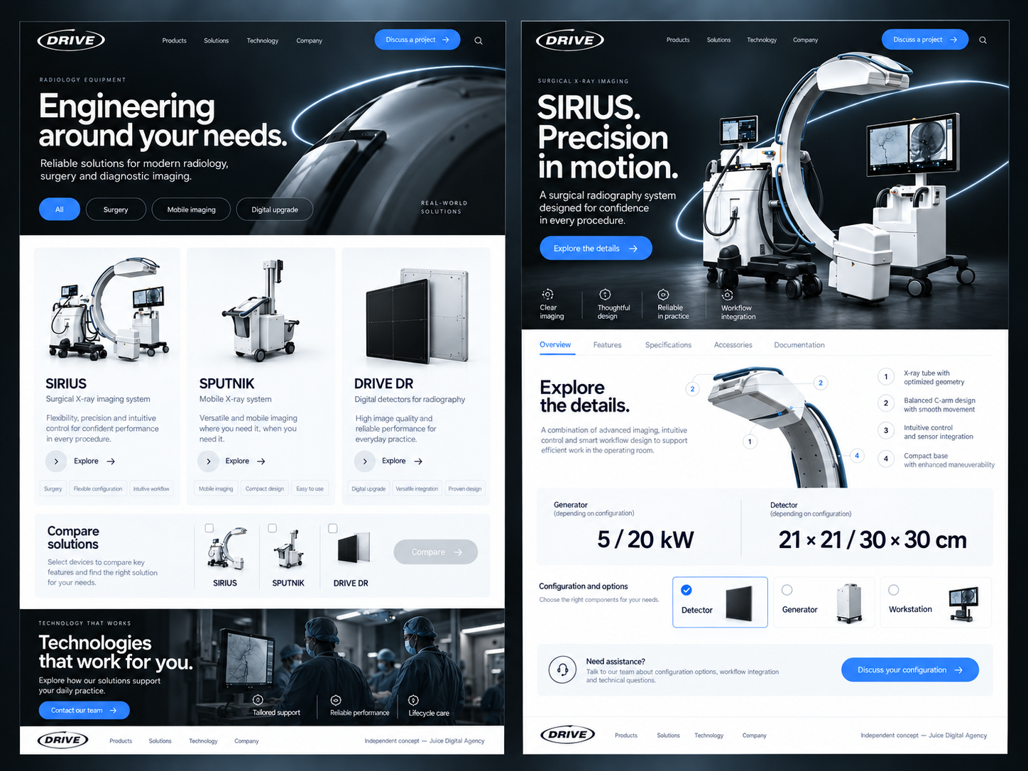 Two English desktop mockups showing equipment selection and the SIRIUS product page