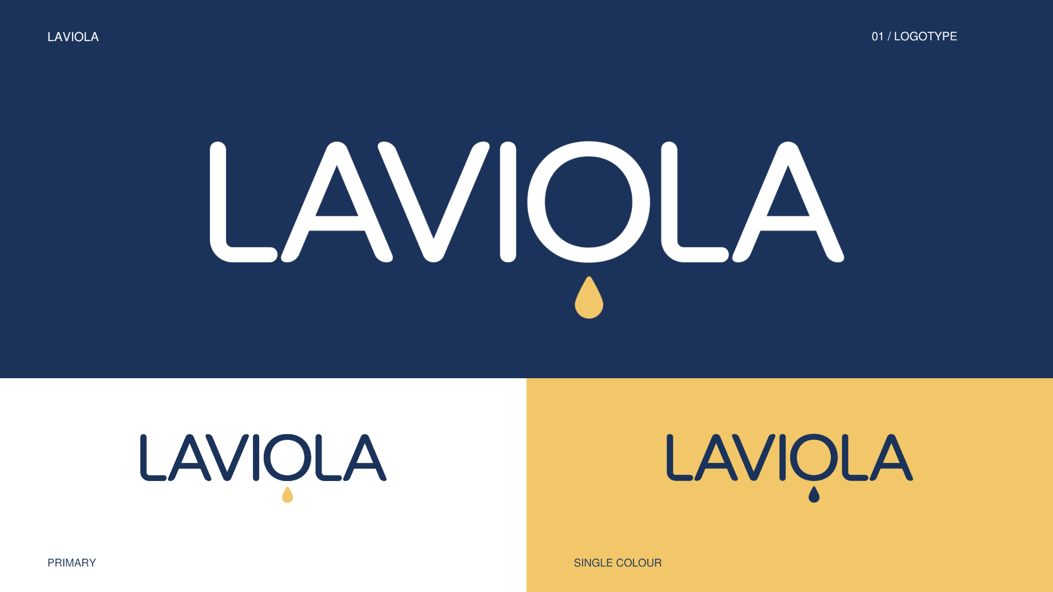 Laviola logo with droplet symbol and variations on navy, white and yellow backgrounds.