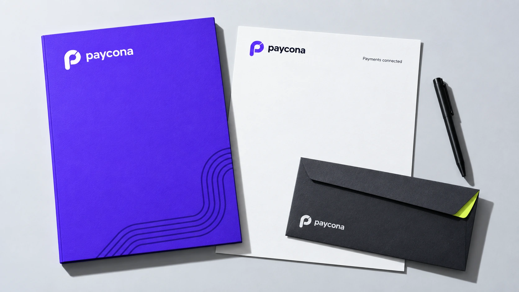 Paycona: Folder, letterhead and envelope concepts