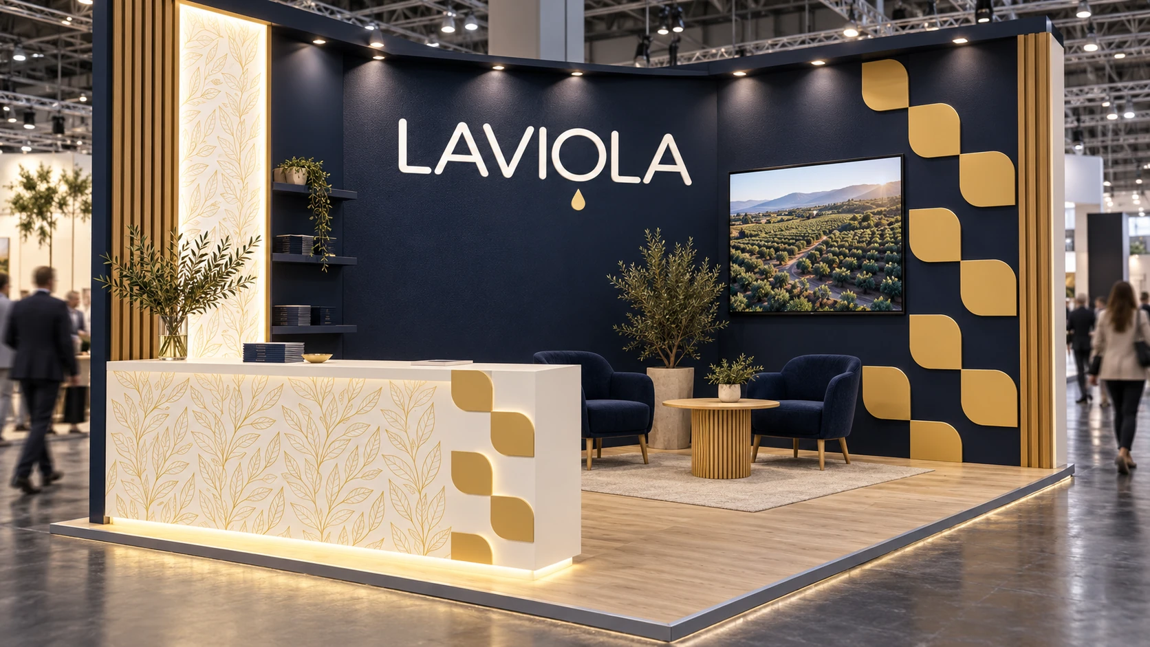Laviola exhibition stand visualisation with logo, brand graphics and meeting area.