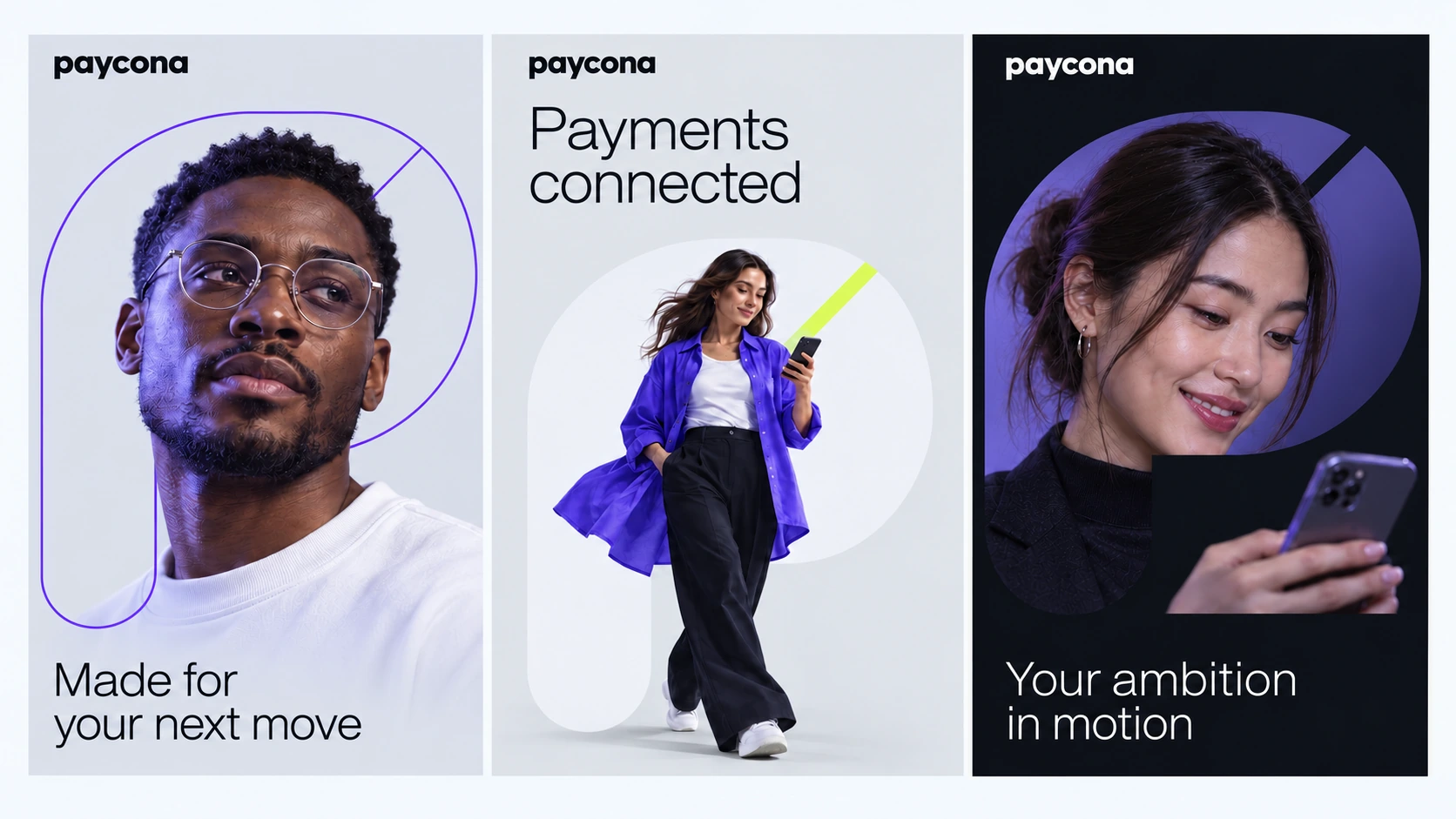 Paycona: Portrait campaign with the P as a framing device