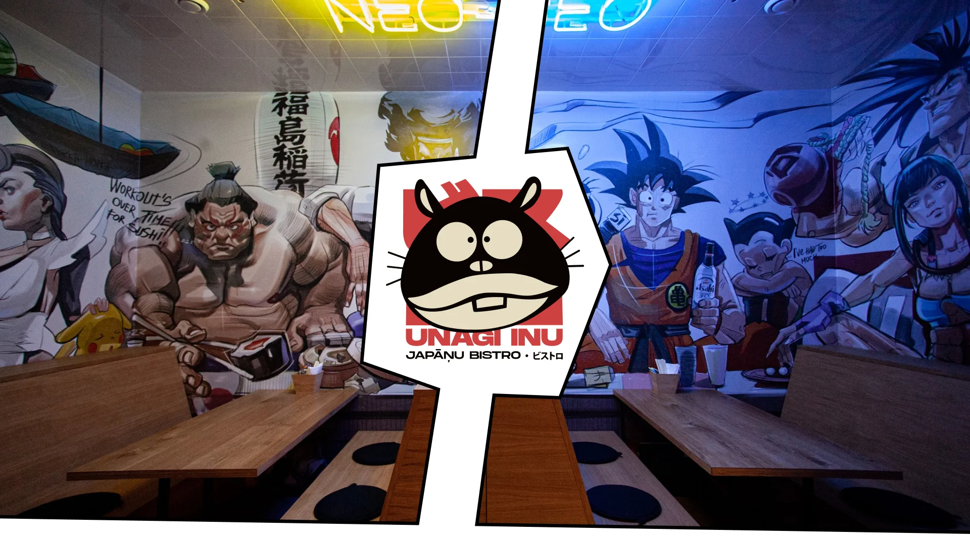 Unagi Inu restaurant interior with manga characters