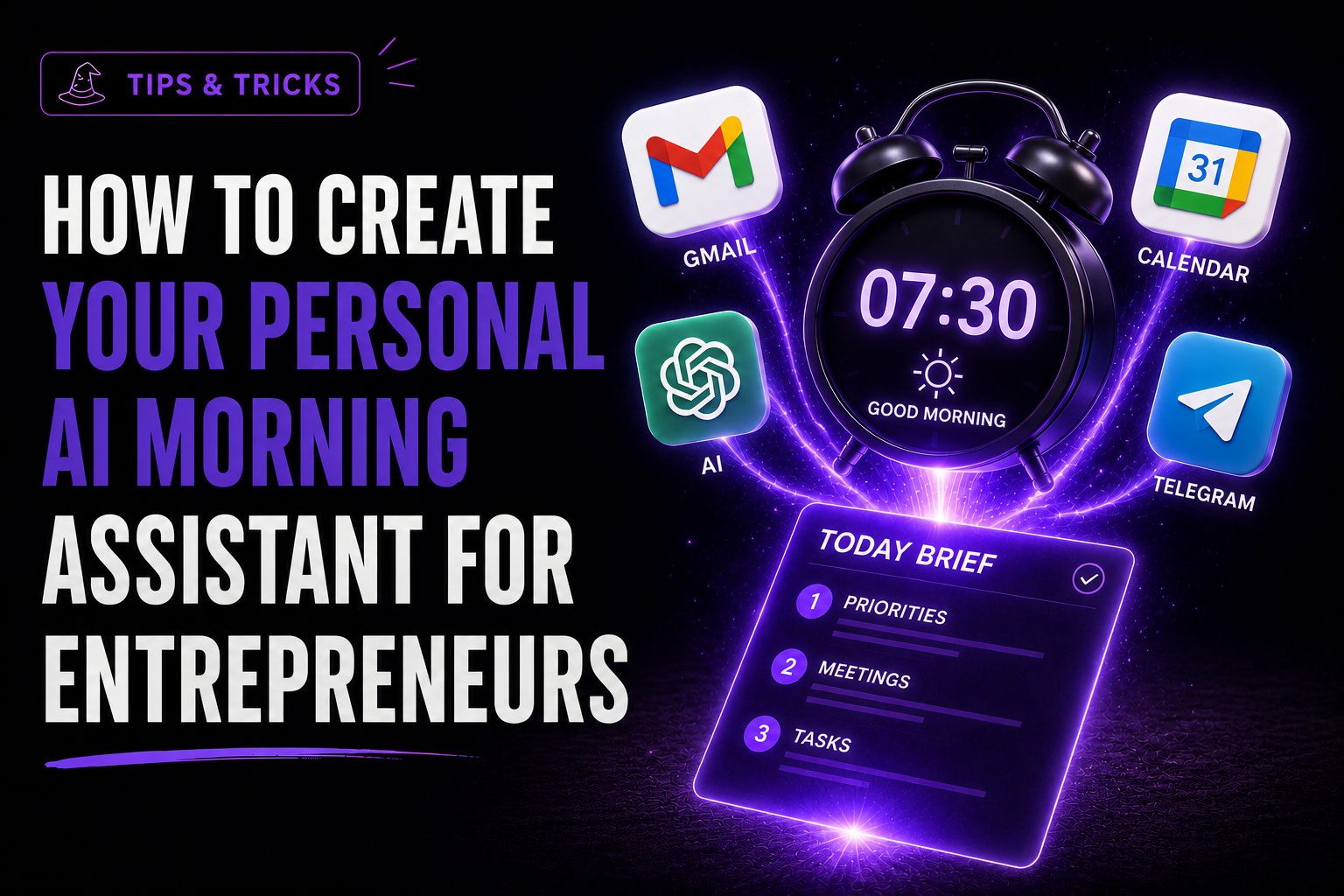 Morning AI brief on a phone with priorities, email and calendar icons