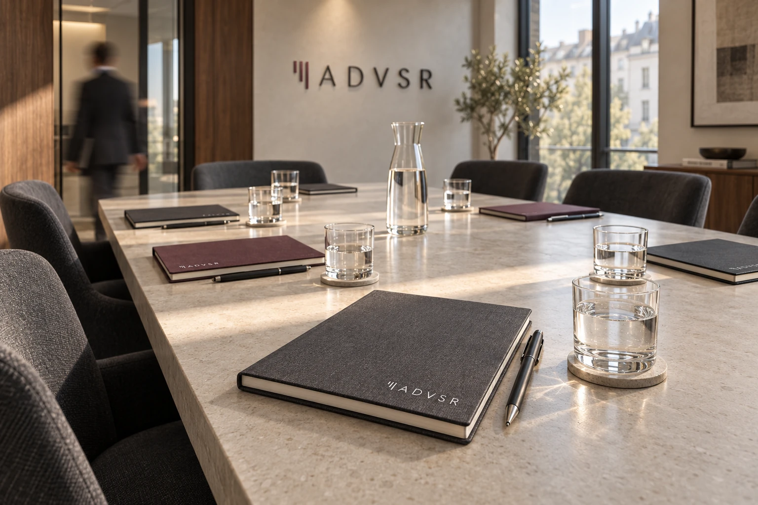 Meeting room visualisation with ADVSR notebooks on the table and the logo on the wall.