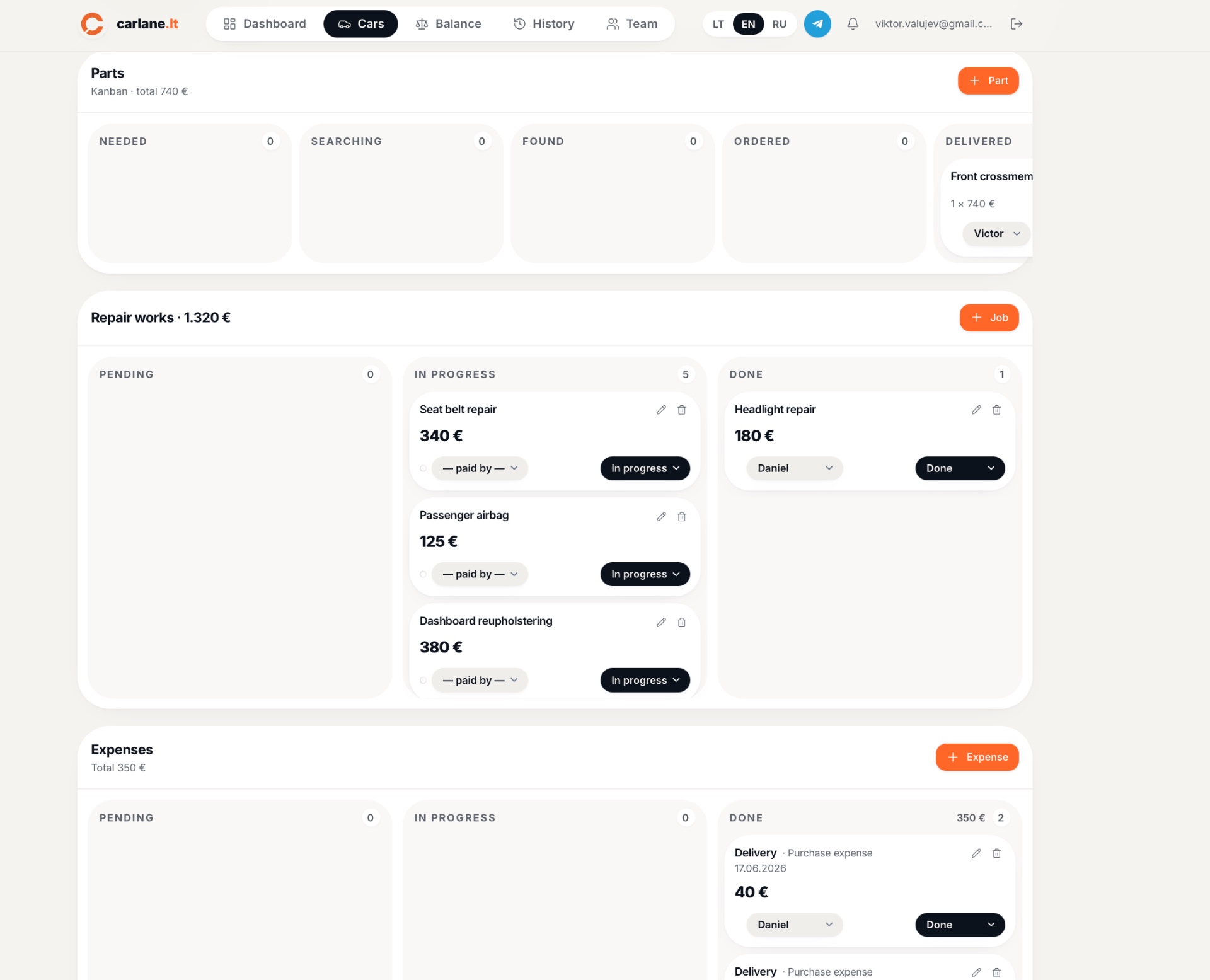Parts and repair works kanban