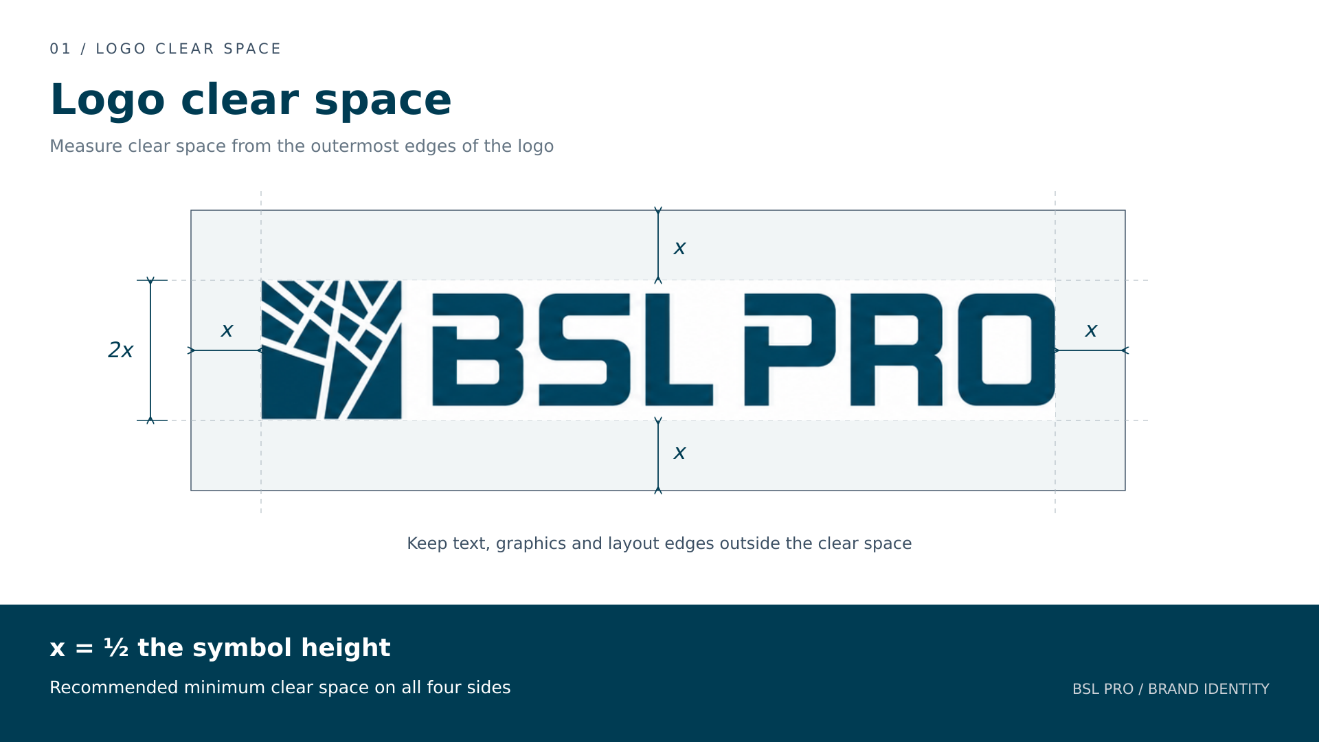BSL PRO logo clear-space diagram: recommended spacing x equals half the symbol height on all sides.