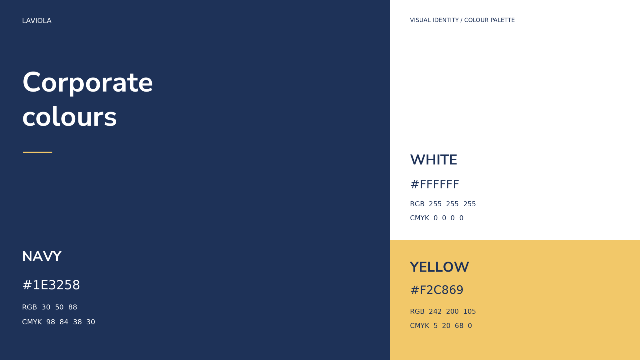 Laviola brand colours: navy #1E3258, white #FFFFFF and yellow #F2C869.