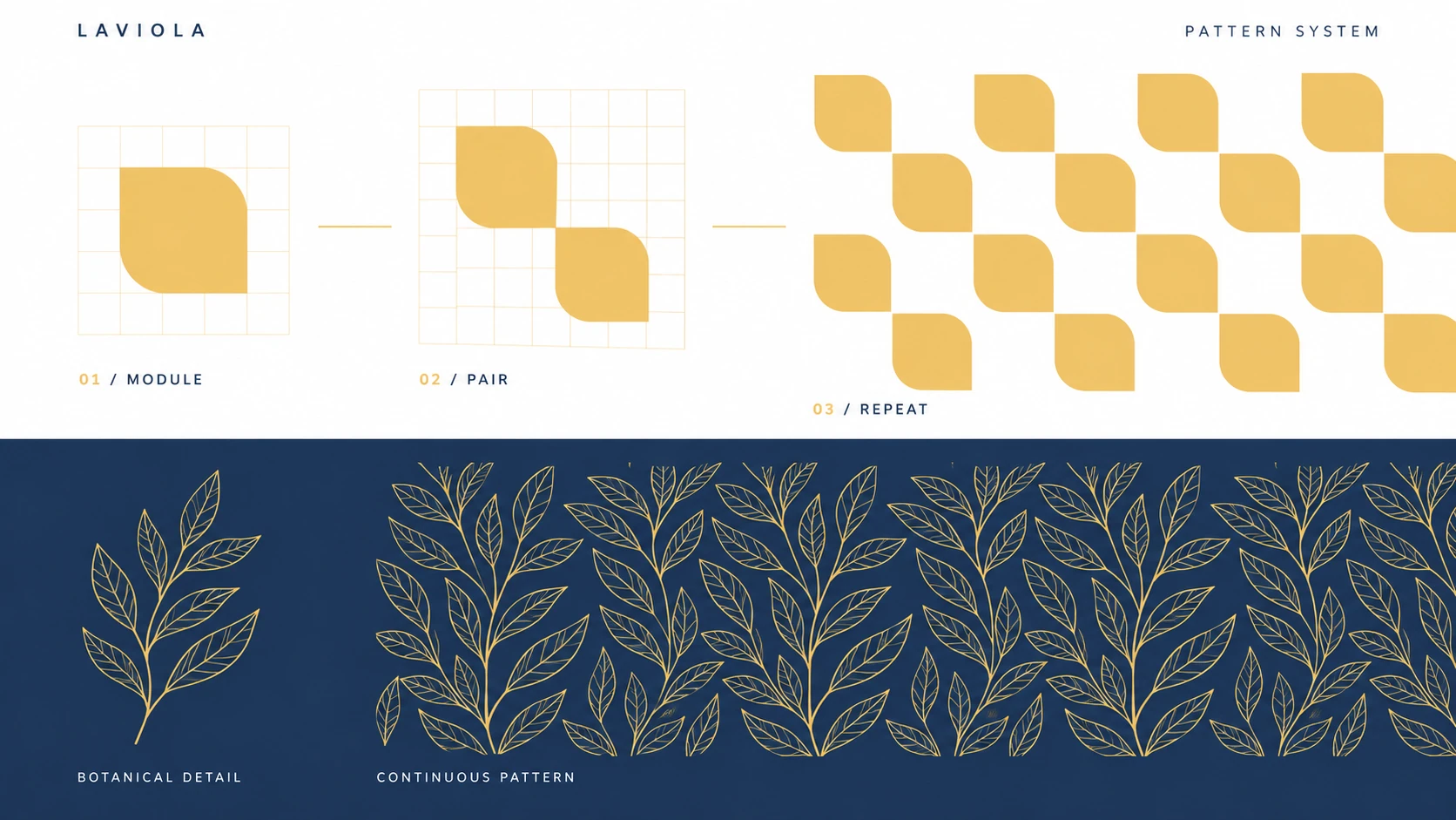 Laviola graphic system with a geometric pattern and botanical line ornament.