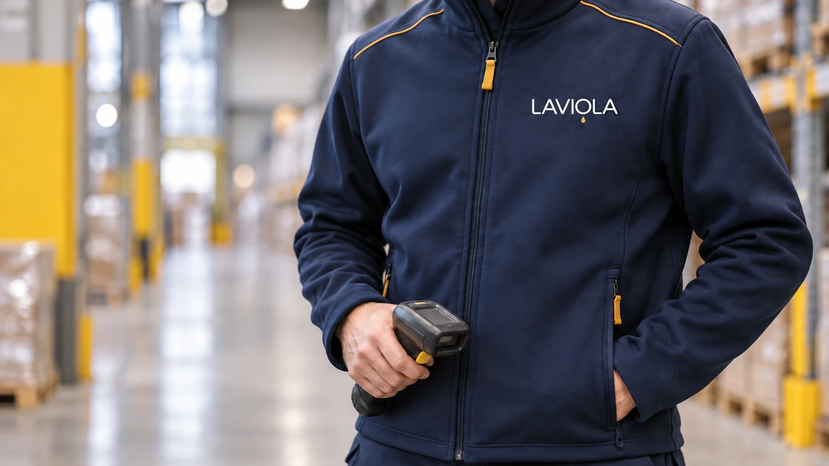Laviola branded workwear concept with navy jacket, logo and yellow details.
