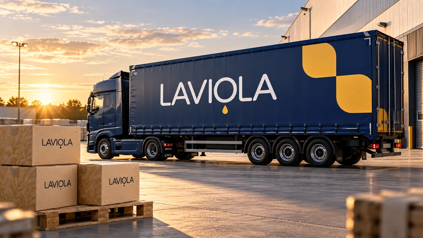Laviola brand identity visualisation on a navy truck with yellow graphics.