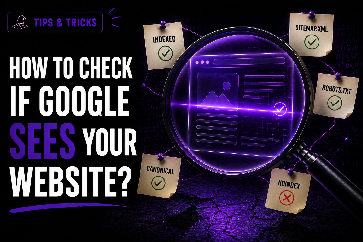 A magnifying glass over a website and Search Console data