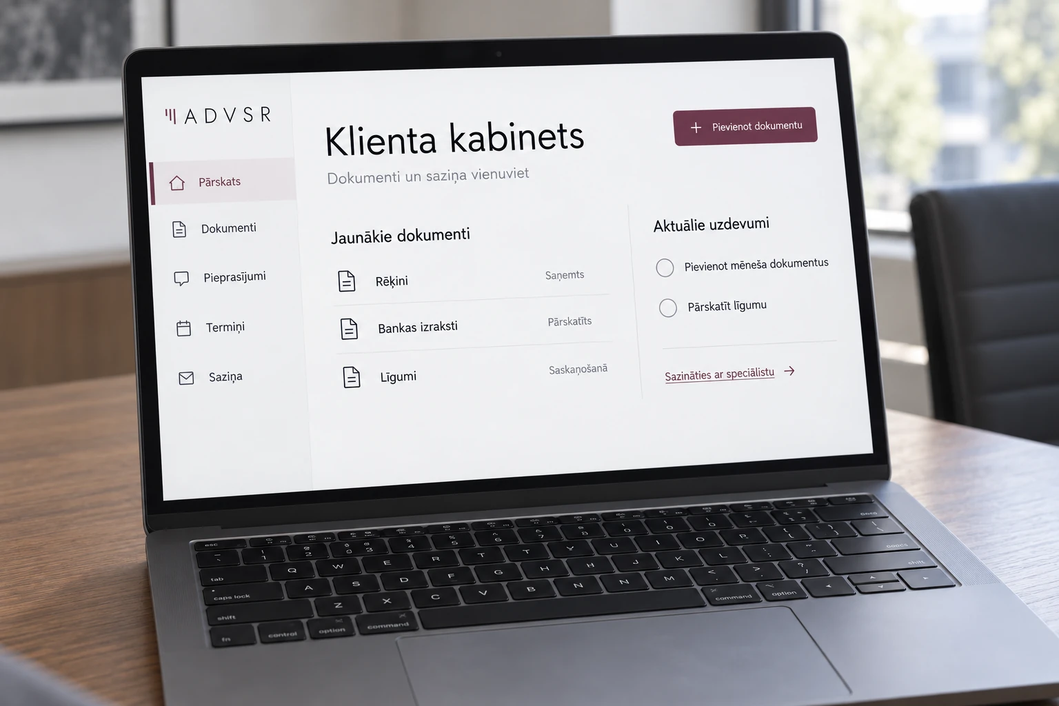 A laptop displays an ADVSR client portal concept in Latvian, with documents and tasks.