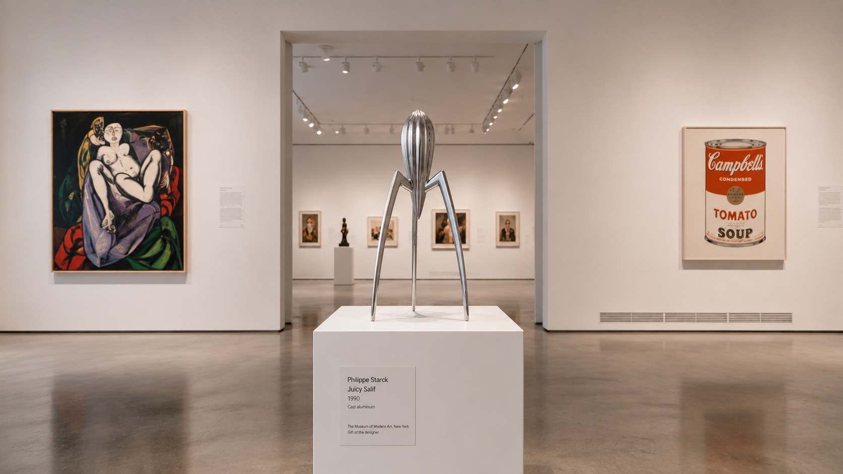 Juicy Salif on a pedestal inside a contemporary art museum