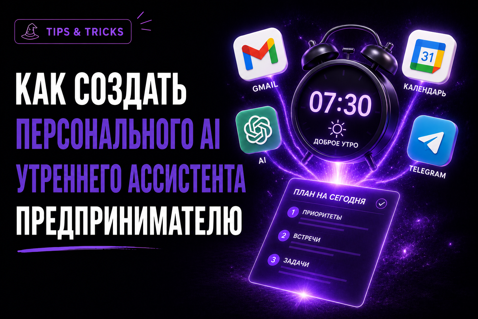 Утренний AI-брифинг в телефоне с приоритетами, иконками почты и календаря