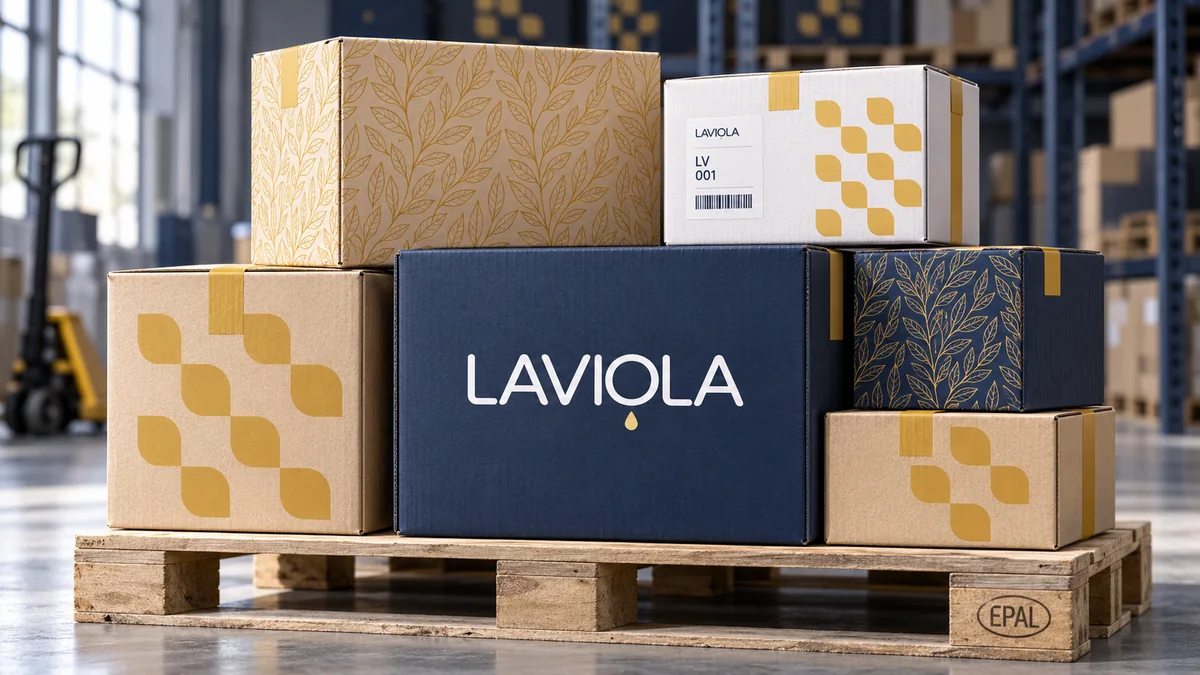 Laviola packaging visualisation in deep blue and gold with the logo and botanical patterns