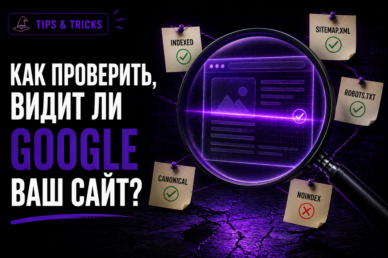 Лупа над сайтом и данными Search Console