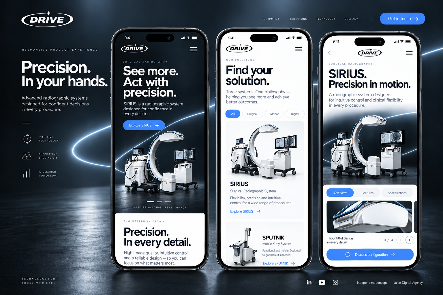 Three phone mockups showing the homepage, catalogue and SIRIUS page
