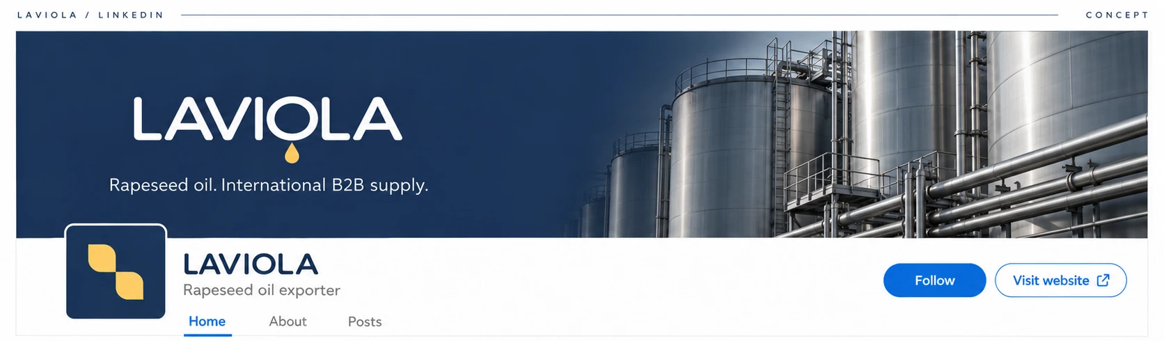 Laviola LinkedIn cover concept promoting international B2B rapeseed oil supply.