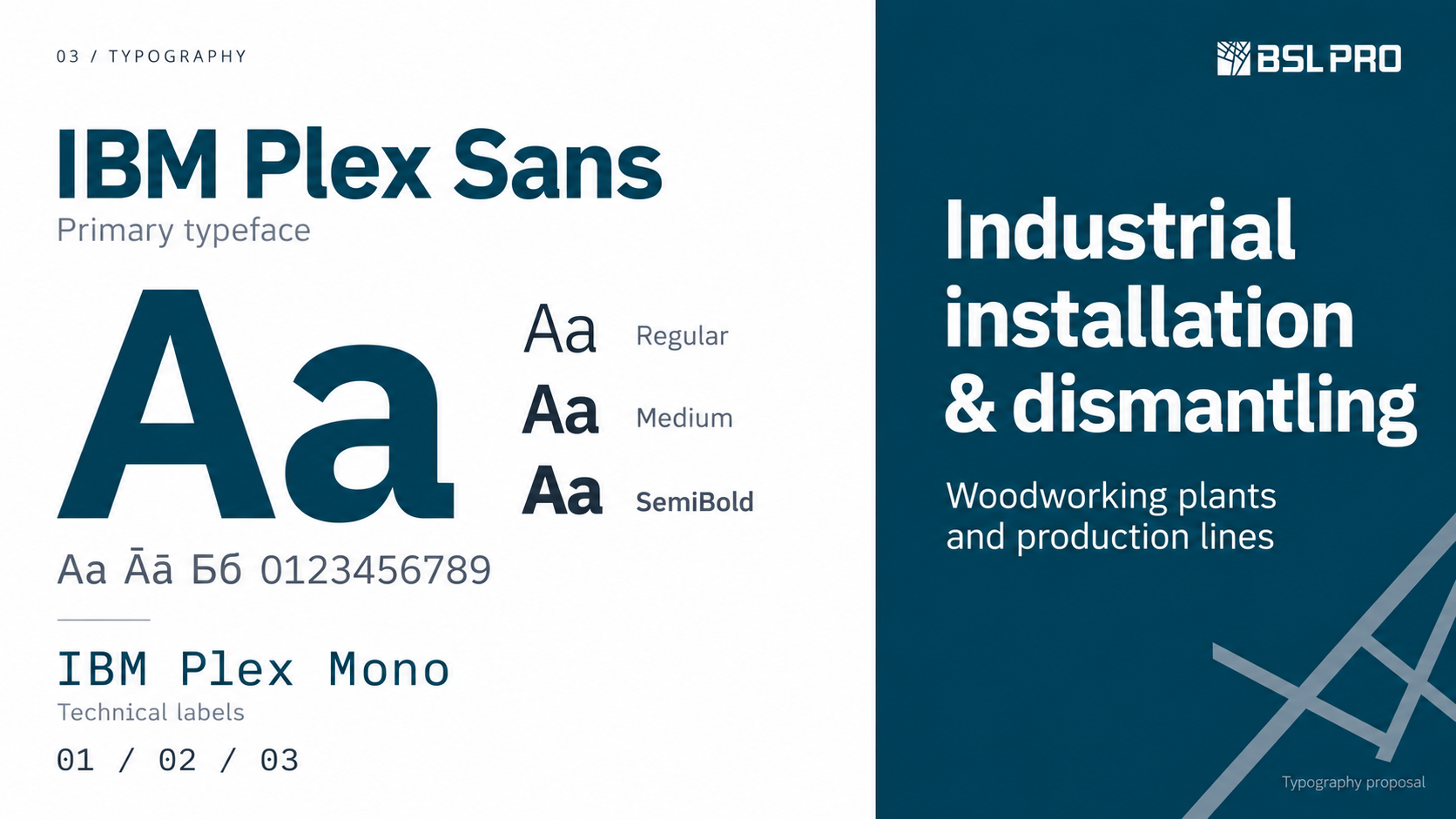 BSL PRO typography proposal: IBM Plex Sans for primary text and IBM Plex Mono for technical labels.