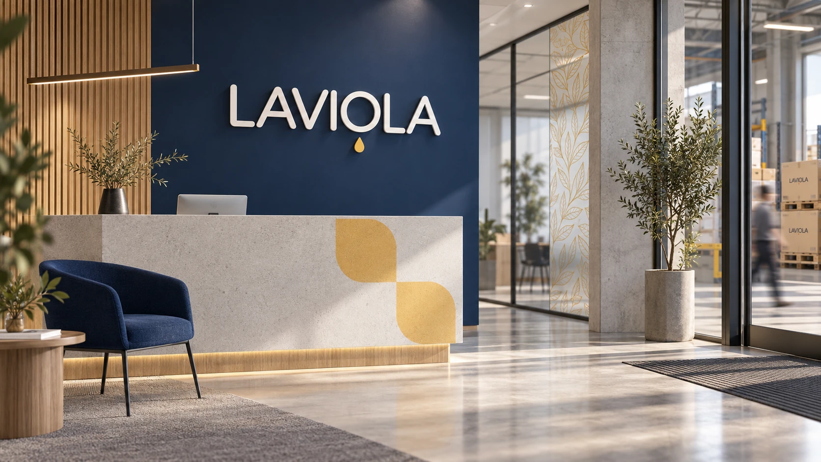 Laviola reception design concept with logo, navy wall and yellow graphic module.