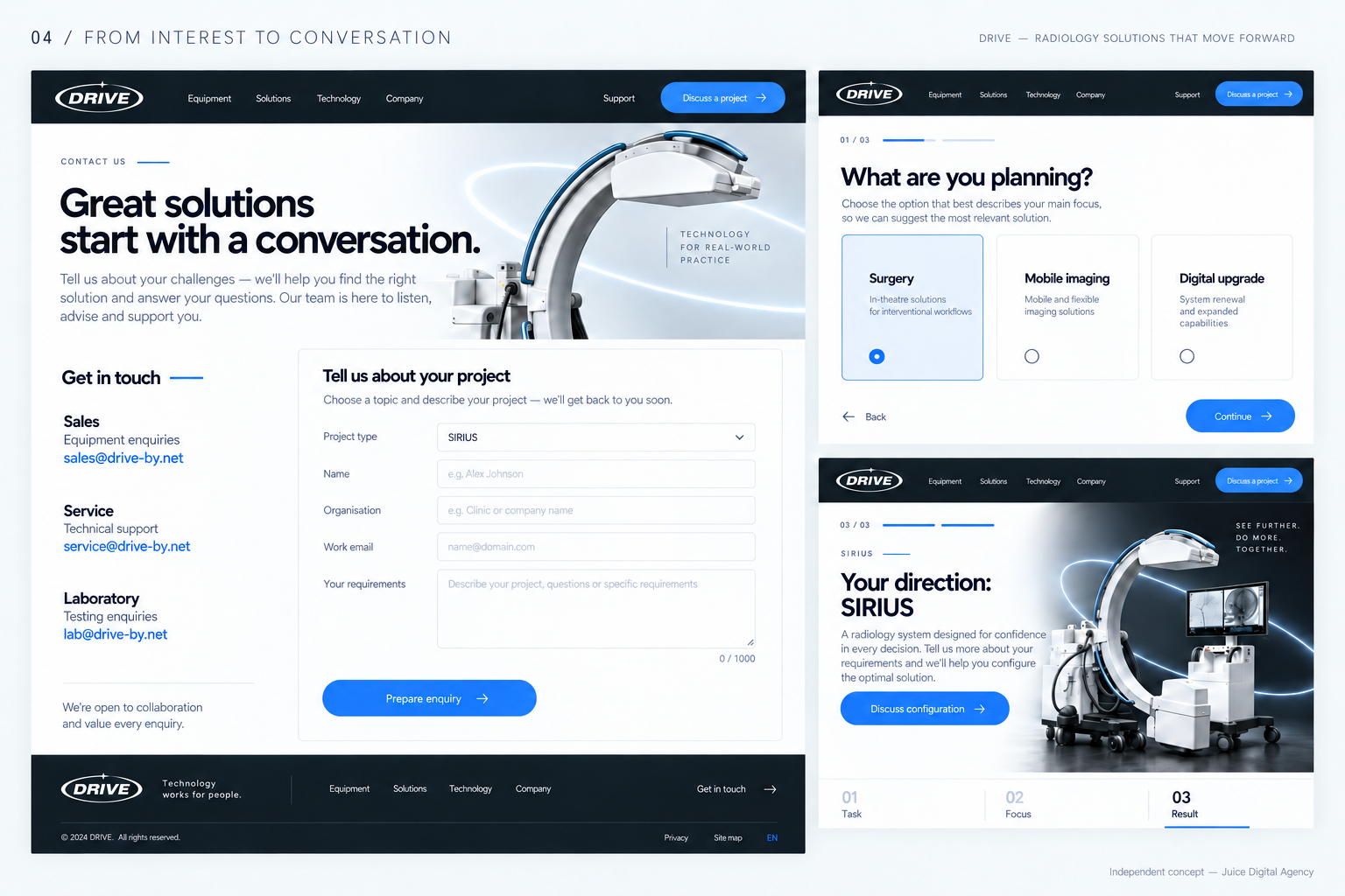 English contact form and product finder with text-only selection cards